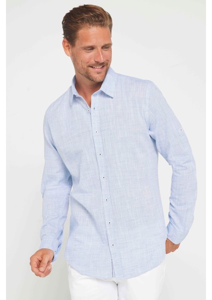 Erkek Slim Fit Dar Kesim Uzun Kollu Pamuk Keten Doku Apoletli Mavi Gömlek