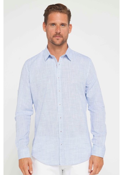 Erkek Slim Fit Dar Kesim Uzun Kollu Pamuk Keten Doku Apoletli Mavi Gömlek