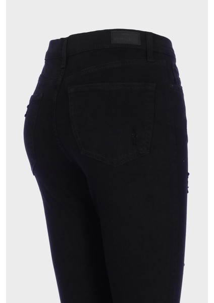 Judy Siyah Yüksek Bel Yıpratma Detaylı Patı Fermuarlı Skinny Fit Jean Pantolon C 4521-192 fırsatları