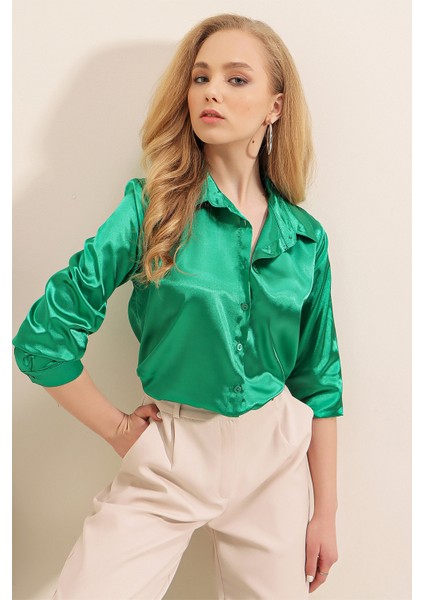 3964 Hafif Dökümlü Saten Gömlek - Yeşil