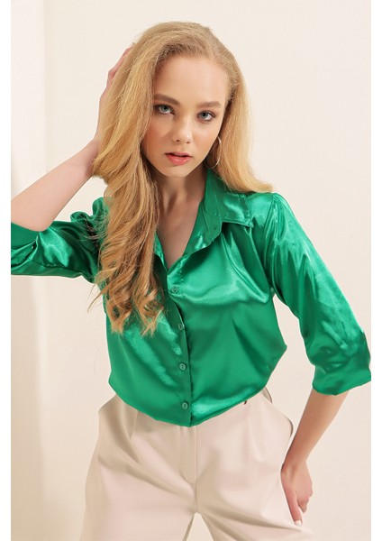 3964 Hafif Dökümlü Saten Gömlek - Yeşil fiyatları