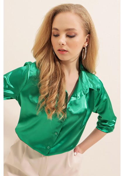 3964 Hafif Dökümlü Saten Gömlek - Yeşil modelleri