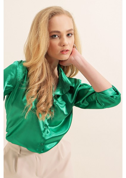 3964 Hafif Dökümlü Saten Gömlek - Yeşil fırsatları