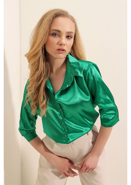 3964 Hafif Dökümlü Saten Gömlek - Yeşil indirimleri