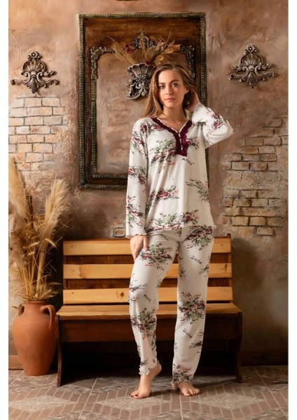 Kadın Bambu Interlok Krem Uzun Kol Pijama Takımı