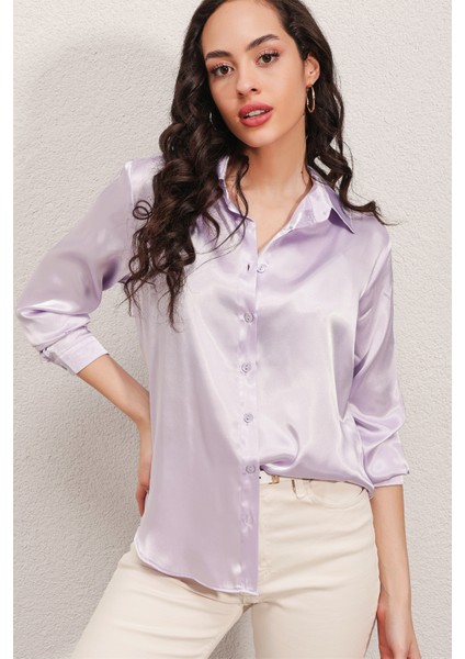 3964 Hafif Dökümlü Saten Gömlek - B.lila indirimleri