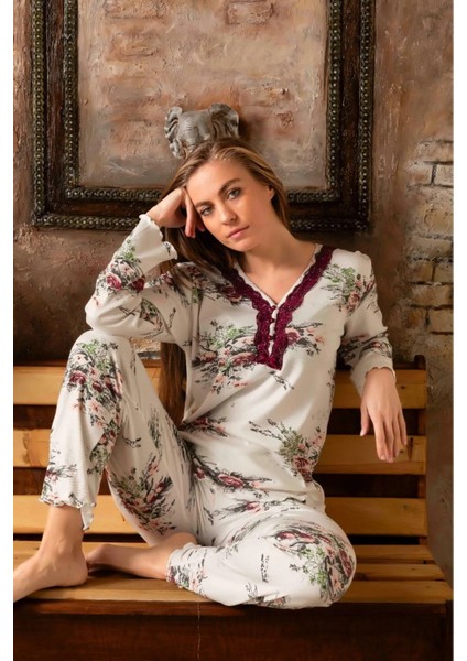Kadın Bambu Interlok Krem Uzun Kol Pijama Takımı