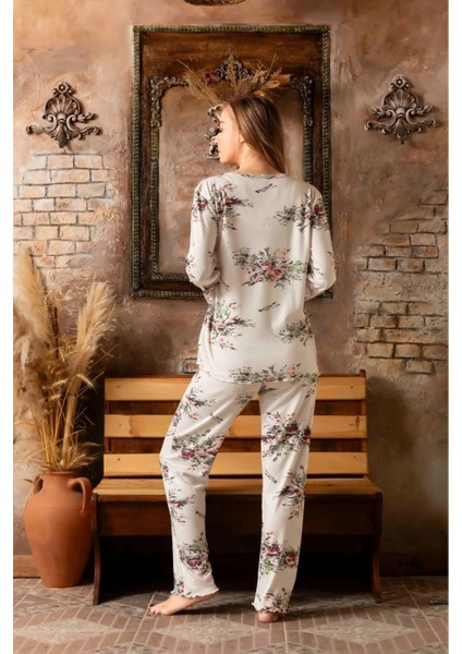 Kadın Bambu Interlok Krem Uzun Kol Pijama Takımı