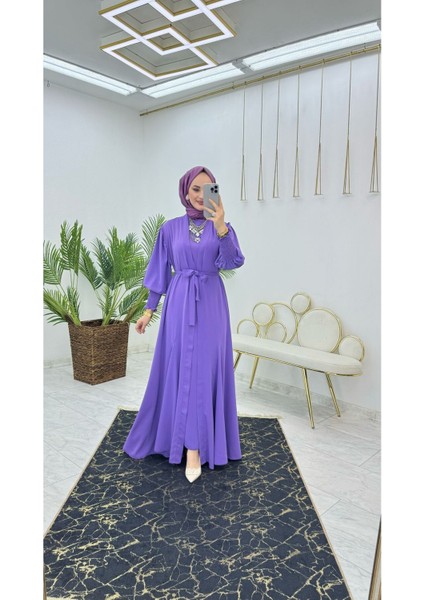 Birinci Kalite Medine Ipeği Kumaştan Kemerli Abaya ve Içlik Elbise Şahane Ikili Takım modelleri