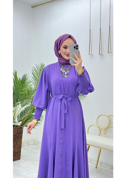 Birinci Kalite Medine Ipeği Kumaştan Kemerli Abaya ve Içlik Elbise Şahane Ikili Takım fırsatları