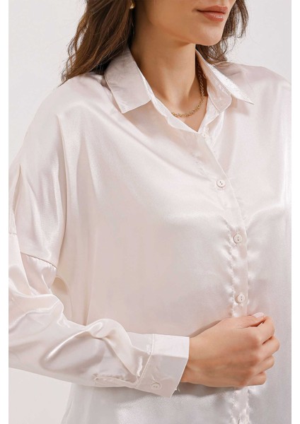 3985 Oversize Saten Gömlek - Bej modelleri