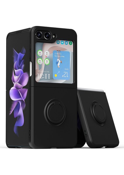 Samsung Galaxy Z Flip 5 Için Ince Silikon Kauçuk Telefon Kılıfı, Halka Tutucu Standlı Siyah (Yurt Dışından)