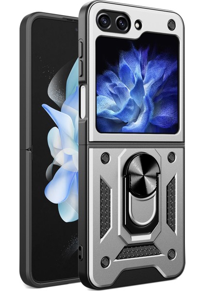 Samsung Galaxy Z Flip 5 Için Kılıf Halka Tutucu Standlı Sağlam Koruma Telefon Kılıfı Gümüş (Yurt Dışından)