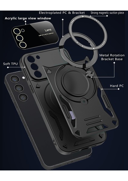 Samsung Galaxy S23 Için Çift Katmanlı Manyetik Halka Lens Standı Telefon Kılıfı - Siyah (Yurt Dışından) modelleri