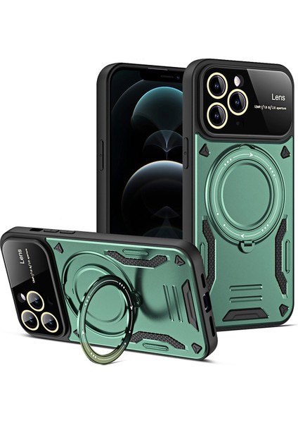 iPhone 11 Pro Max Için Çift Katmanlı Manyetik Halka Lens Standı Telefon Kılıfı - Yeşil (Yurt Dışından)