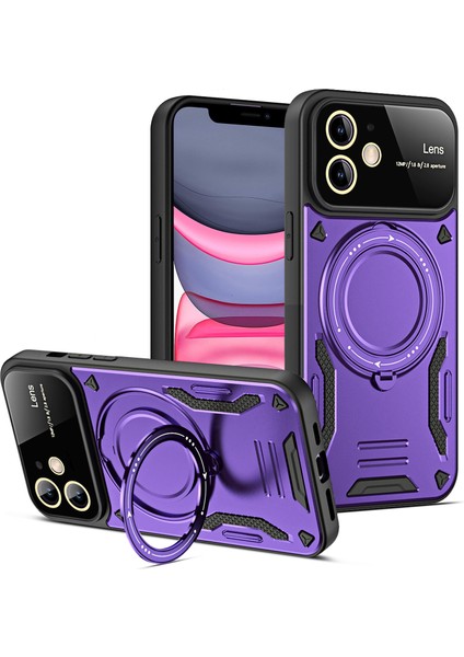 iPhone 11 Için Çift Katmanlı Manyetik Halka Lens Standı Telefon Kılıfı - Mor (Yurt Dışından)