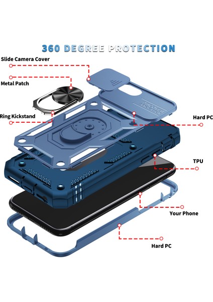 iPhone Se 2022/IPHONE Se 2022/IPHONE 8 / 7 / 6s / 6 Için Çift Katmanlı Slayt Lens Kapak Halka Tutucu Standı ile Telefon Kılıfı - Mavi (Yurt Dışından)
