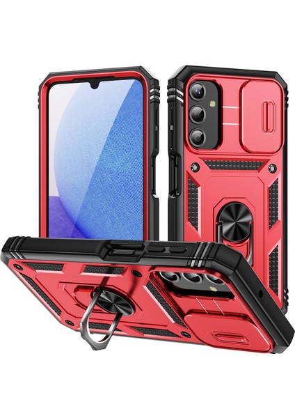 Samsung Galaxy A25 Için Çift Katmanlı Slayt Lens Kapak Halka Tutucu Standı ile Telefon Kılıfı - Kırmızı (Yurt Dışından)