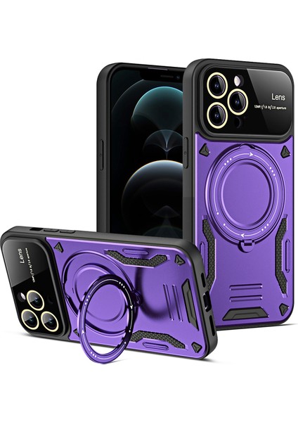 iPhone 12 Pro Için Çift Katmanlı Manyetik Halka Lens Standı Telefon Kılıfı - Mor (Yurt Dışından)