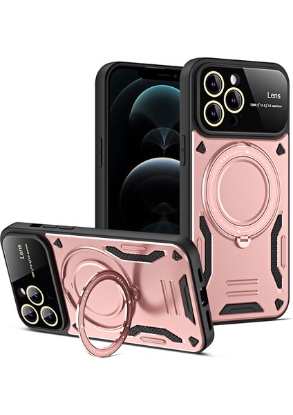 iPhone 12 Pro Için Çift Katmanlı Manyetik Halka Lens Standı Telefon Kılıfı - Rose Gold (Yurt Dışından)