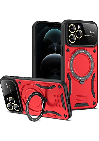 iPhone 12 Pro Max Için Çift Katmanlı Manyetik Halka Lens Standı Telefon Kılıfı - Kırmızı (Yurt Dışından)