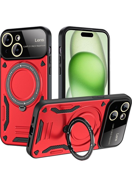 iPhone 15 Plus Için Çift Katmanlı Manyetik Halka Lens Standı Telefon Kılıfı - Kırmızı (Yurt Dışından)