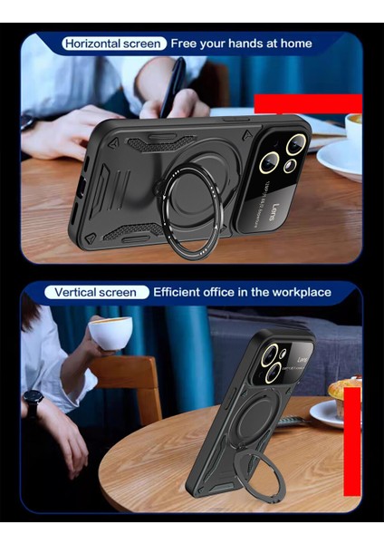 iPhone 15 Plus Için Çift Katmanlı Manyetik Halka Lens Standı Telefon Kılıfı - Kırmızı (Yurt Dışından)