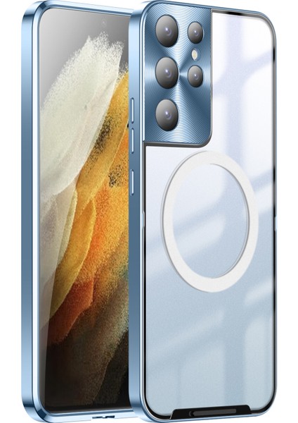 Samsung Galaxy S21 Ultra 5g Için Metal Pc Arka Lens Koruma Manyetik Kablosuz Şarj Cihazı Telefon Kılıfı Mavi (Yurt Dışından)
