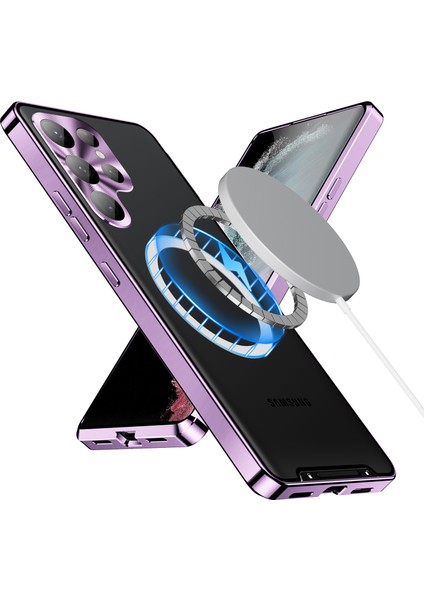 Samsung Galaxy S23 Ultra Için Metal Pc Arka Lens Koruma Manyetik Kablosuz Şarj Cihazı Telefon Kılıfı Mor (Yurt Dışından)