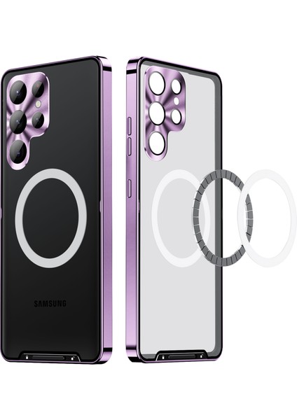 Samsung Galaxy S23 Ultra Için Metal Pc Arka Lens Koruma Manyetik Kablosuz Şarj Cihazı Telefon Kılıfı Mor (Yurt Dışından)