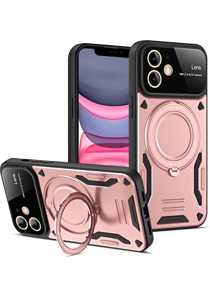 iPhone 12 Için Çift Katmanlı Manyetik Halka Lens Standı Telefon Kılıfı - Rose Gold (Yurt Dışından)