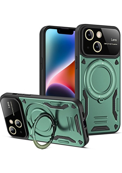 iPhone 13 Için Çift Katmanlı Manyetik Halka Lens Standı Telefon Kılıfı - Yeşil (Yurt Dışından)