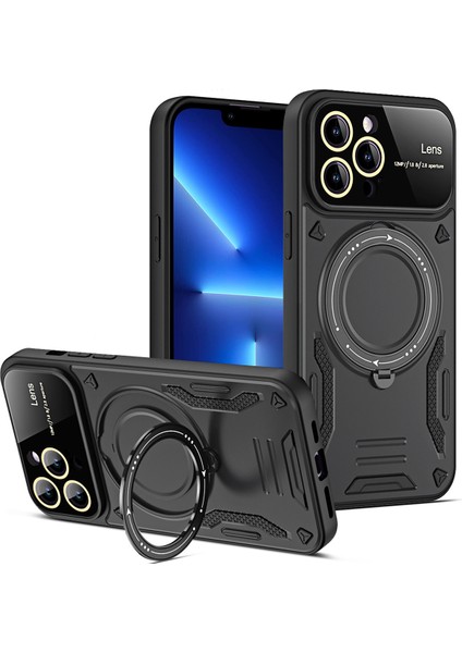 iPhone 13 Pro Max Için Çift Katmanlı Manyetik Halka Lens Standı Telefon Kılıfı - Siyah (Yurt Dışından)