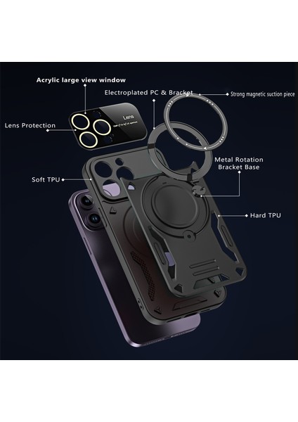 iPhone 13 Pro Max Için Çift Katmanlı Manyetik Halka Lens Standı Telefon Kılıfı - Siyah (Yurt Dışından)