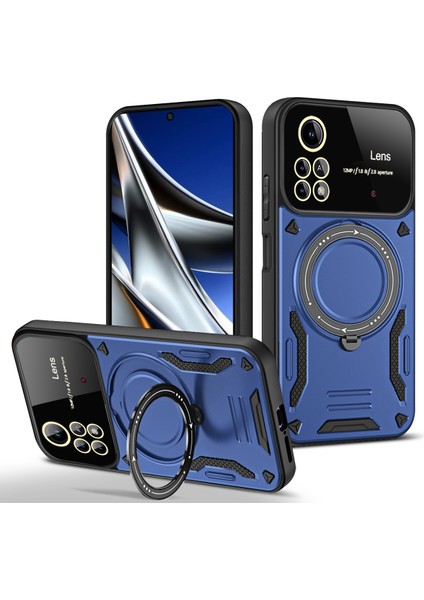 Xiaomi Poco X4 Pro 5g Için Çift Katmanlı Manyetik Halka Lens Standı Telefon Kılıfı - Mavi (Yurt Dışından)