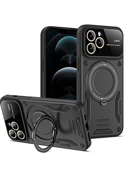 iPhone 12 Pro Için Çift Katmanlı Manyetik Halka Lens Standı Telefon Kılıfı - Siyah (Yurt Dışından)