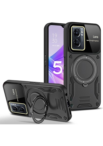 Oppo A77 5g/ A57 5g / A77S 4g Için Çift Katmanlı Manyetik Halka Lens Standı Telefon Kılıfı - Siyah (Yurt Dışından)