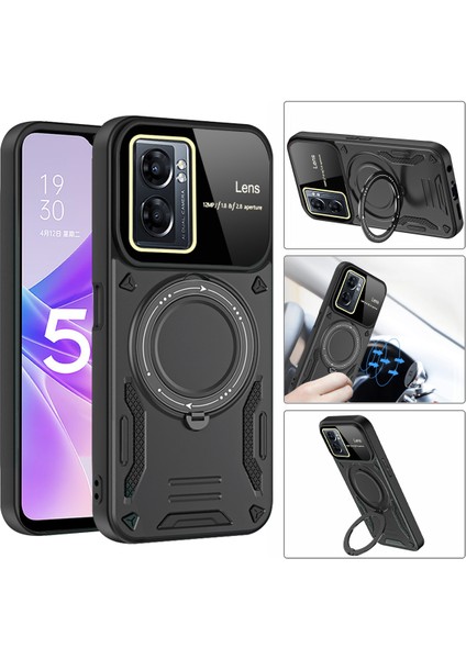 Oppo A77 5g/ A57 5g / A77S 4g Için Çift Katmanlı Manyetik Halka Lens Standı Telefon Kılıfı - Siyah (Yurt Dışından)
