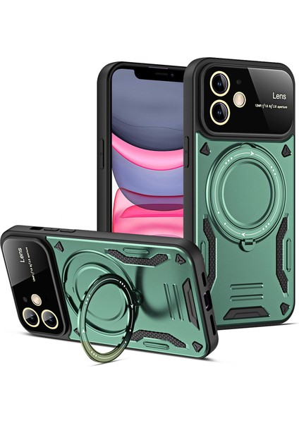 iPhone 12 Için Çift Katmanlı Manyetik Halka Lens Standı Telefon Kılıfı - Yeşil (Yurt Dışından)