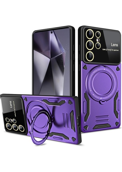 Samsung Galaxy S24 Ultra Için Çift Katmanlı Manyetik Halka Lens Standı Telefon Kılıfı - Mor (Yurt Dışından)