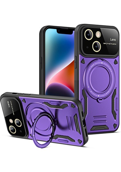 iPhone 13 Için Çift Katmanlı Manyetik Halka Lens Standı Telefon Kılıfı - Mor (Yurt Dışından)