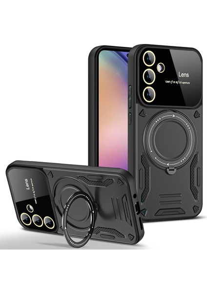 Samsung Galaxy A54 Için Çift Katmanlı Manyetik Halka Lens Standı Telefon Kılıfı - Siyah (Yurt Dışından)