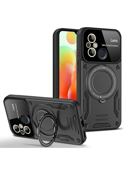 Xiaomi Redmi 12C Için Çift Katmanlı Manyetik Halka Lens Standı Telefon Kılıfı - Siyah (Yurt Dışından)