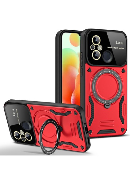 Xiaomi Redmi 12C Için Çift Katmanlı Manyetik Halka Lens Standı Telefon Kılıfı - Kırmızı (Yurt Dışından)