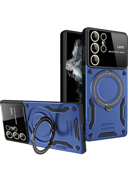 Samsung Galaxy S22 Ultra 5g Için Çift Katmanlı Manyetik Halka Lens Standı Telefon Kılıfı - Mavi (Yurt Dışından)