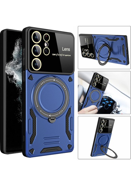 Samsung Galaxy S22 Ultra 5g Için Çift Katmanlı Manyetik Halka Lens Standı Telefon Kılıfı - Mavi (Yurt Dışından) fiyatları