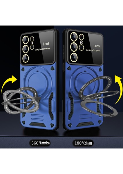 Samsung Galaxy S22 Ultra 5g Için Çift Katmanlı Manyetik Halka Lens Standı Telefon Kılıfı - Mavi (Yurt Dışından) modelleri