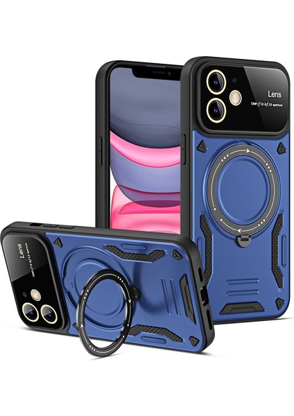 iPhone 11 Için Çift Katmanlı Manyetik Halka Lens Standı Telefon Kılıfı - Mavi (Yurt Dışından)