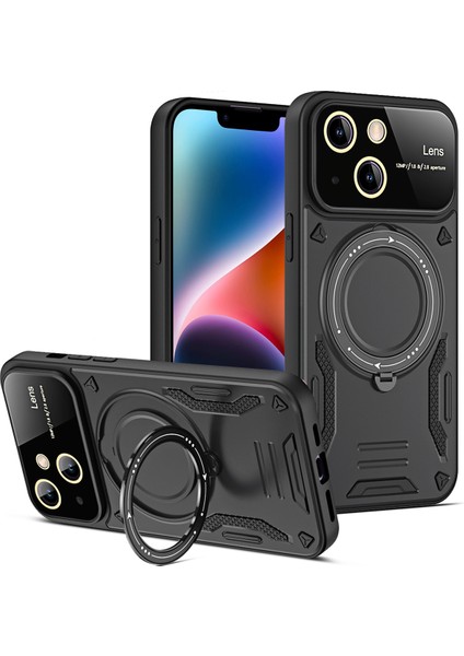 iPhone 13 Için Çift Katmanlı Manyetik Halka Lens Standı Telefon Kılıfı - Siyah (Yurt Dışından)
