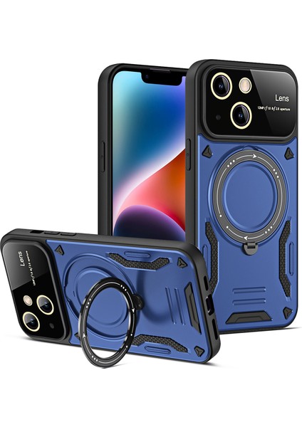 iPhone 13 Için Çift Katmanlı Manyetik Halka Lens Standı Telefon Kılıfı - Mavi (Yurt Dışından)